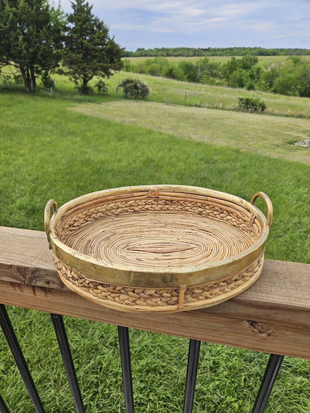 MCM Italian Rattan Pencil Reed & Brass Tray, Gabriella Crespi Style, Vintage